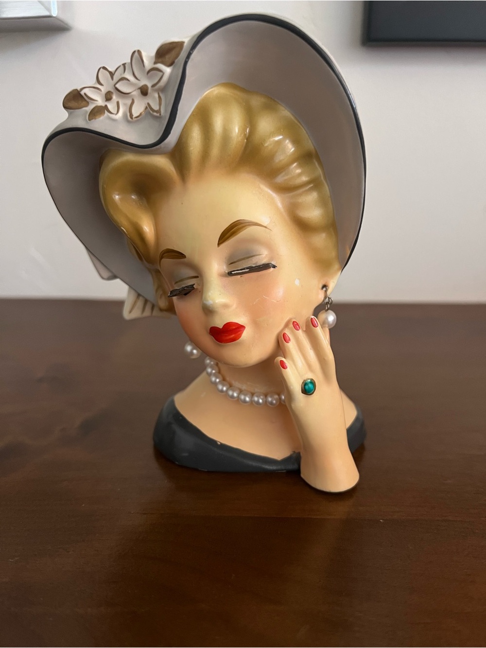 Ceramic Lady Head Vase in Cream, Black and Gold Accent